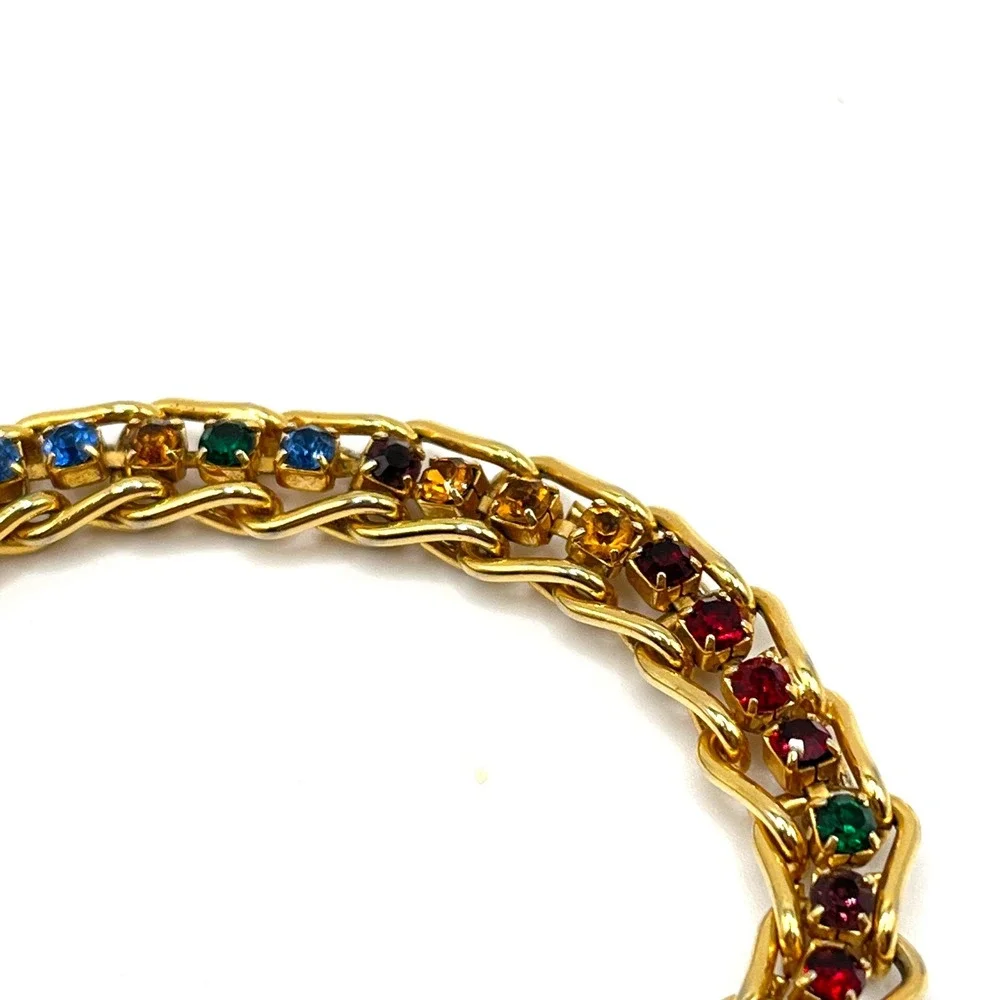 Vintage Rainbow Crystal Rhinestone Multicolor Gold Tone Chain Link Bracelet 6.5